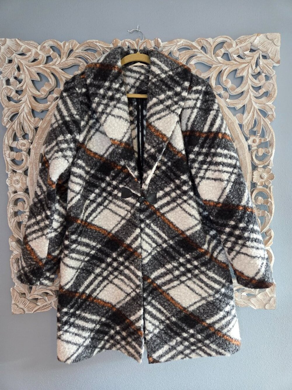 Soft Surroundings Rita Plaid Bouclé Coat Black White Rust Plaid XL